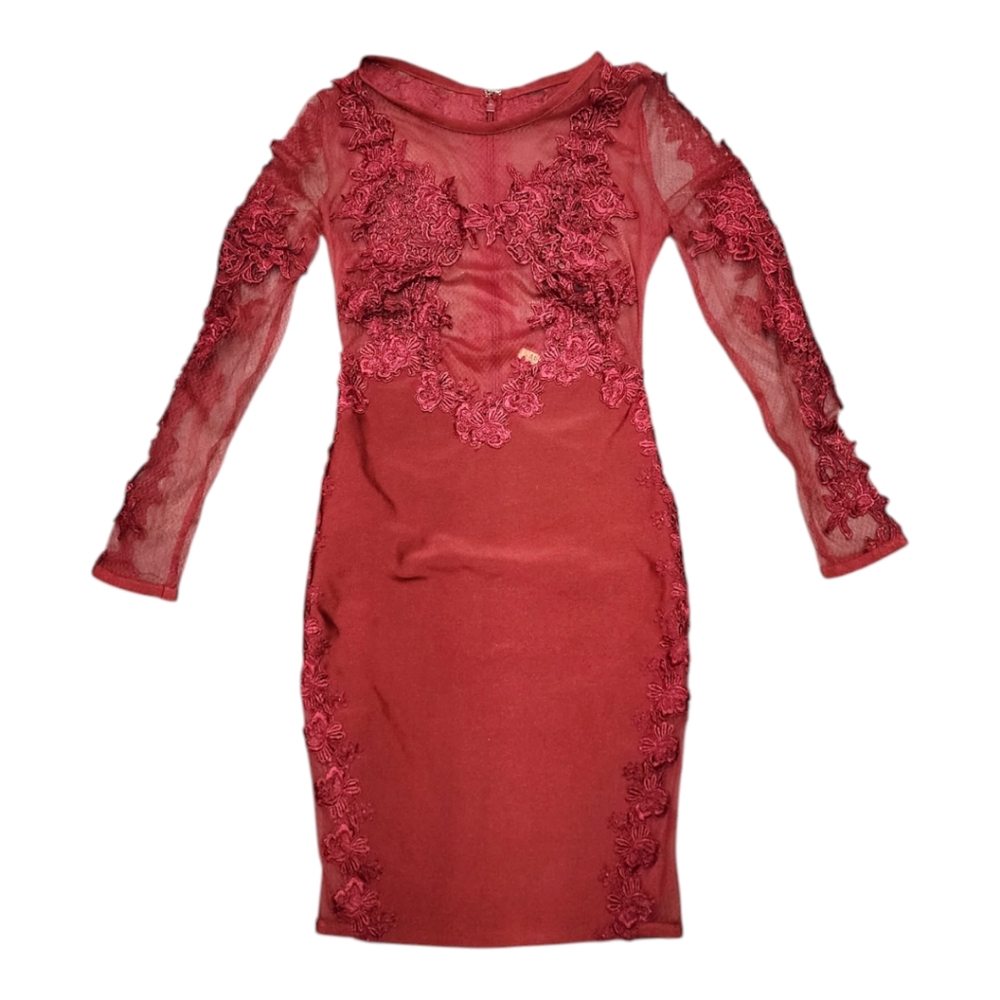 Wow Couture Gold Label Red Sheer and Lace Long Sleeve Bandage Dress Size Small